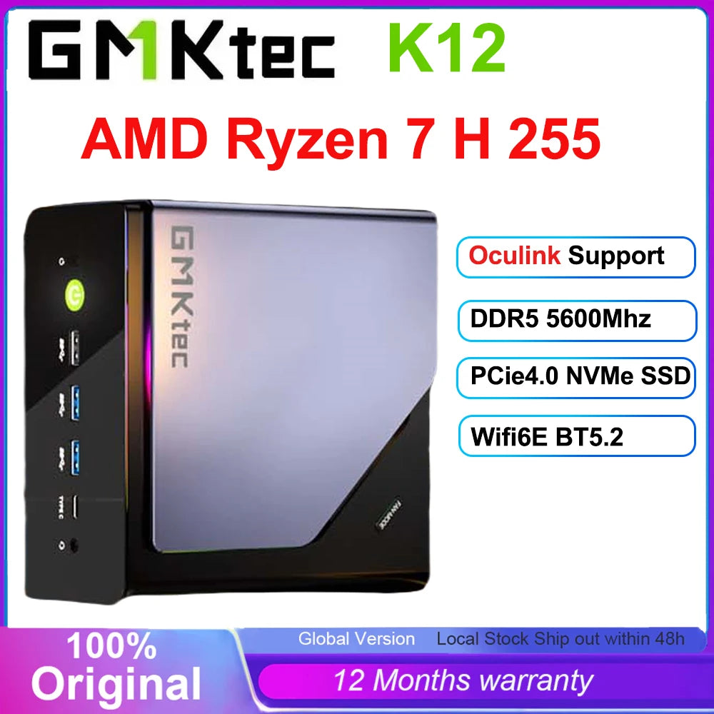 GMKtec K12 Mini PC AMD Ryzen 7 H 255 Windows 11 Pro DDR5 5600Mhz PCie3.0 NVMe SSD Wifi6E BT5.2 Quad Screen Display Oculink