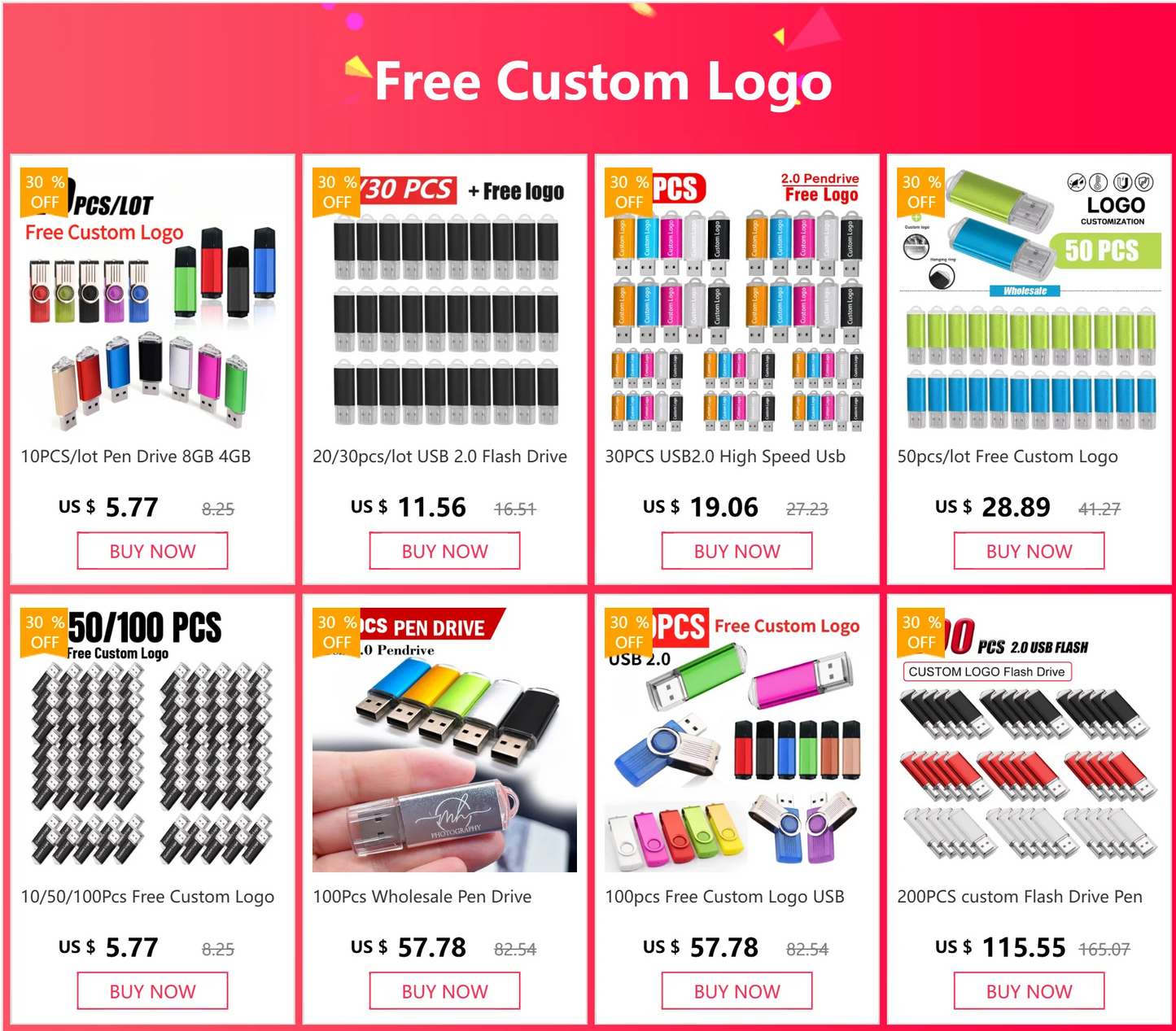 10PCS/lot Pen Drive 8GB 4GB 2GB 1GB USB Flash Drive 16GB Flash Disk 128MB 256MB 512MB Memory Flash Disk 2.0 Free Custom Logo