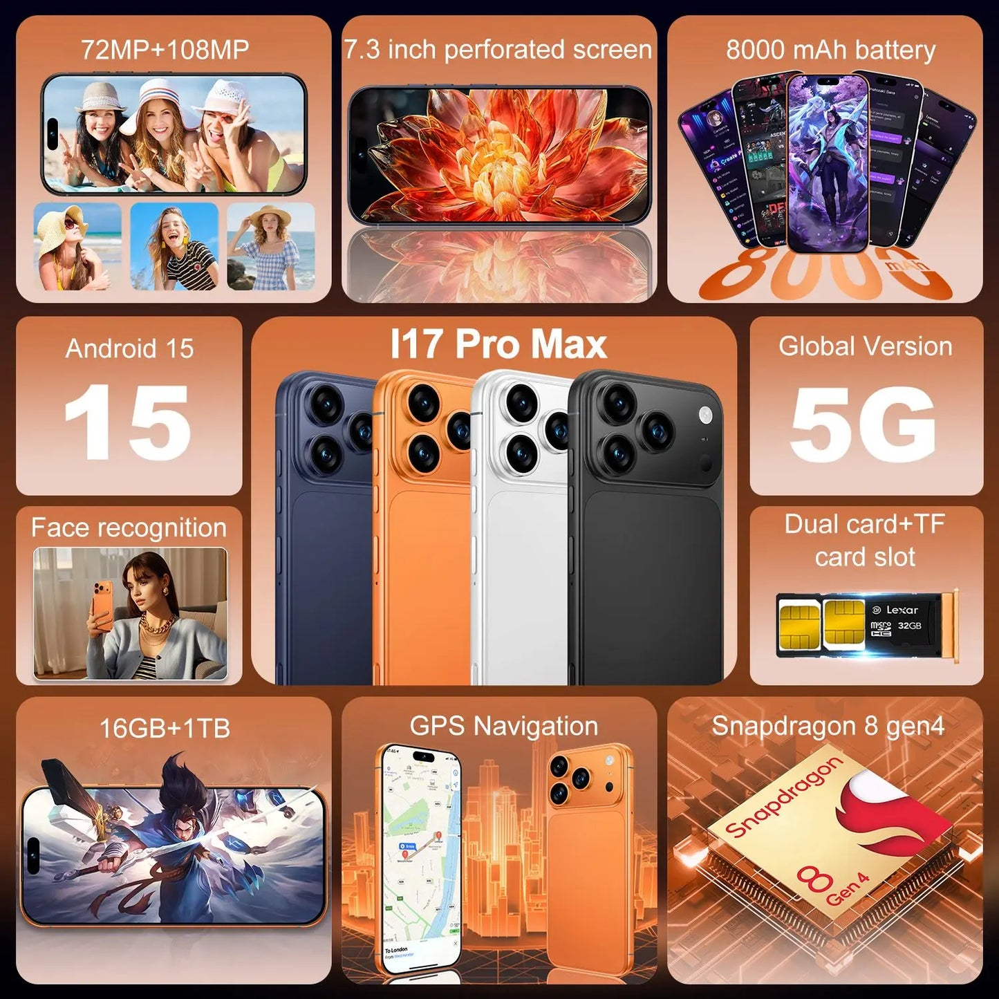 2026 Hot High Quality i17 Pro Max Original Intelligent 4G 5G Dual Card Dual Standby System Global Version 8000mAh Battery