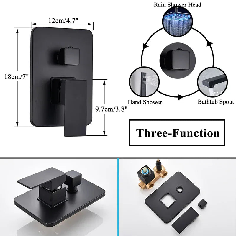 Matte Black LED  Bathroom Showe Faucet Rainfall Shower Head Bath Water Faucet Wall Mounted Bathtub Shower Mixer Tap Shower Set
