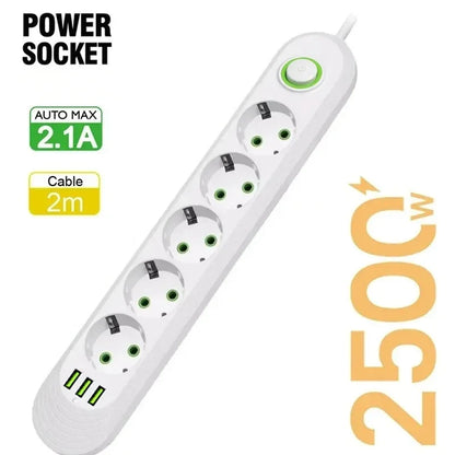 2500W EU Plug Power Socket 2m Extension Cable 3 USB Jack 3/4/5 Holes Power Strip Socket Network Filter With USB Ports Charging