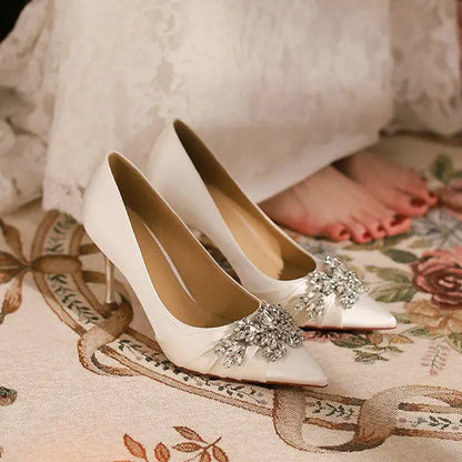 2025 Autumn New White French High Heels Pointy Rhine-Diamond Thin Heel Not Tired Foot Single Shoes Wedding Shoes