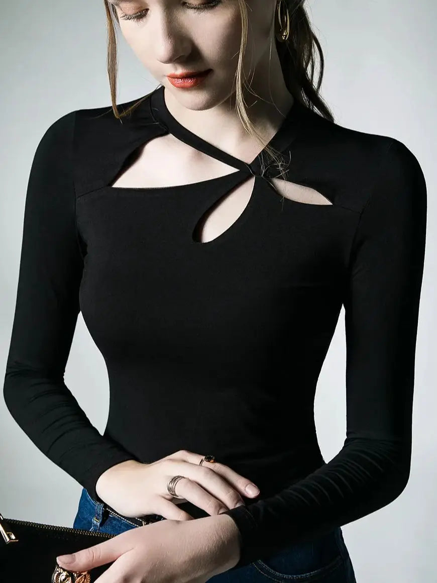 Spring Autumn Modal T-shirts Women Long Sleeve Irregular Collar Hollow Out Tees Shirts Female Base Tops