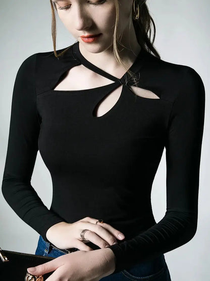Spring Autumn Modal T-shirts Women Long Sleeve Irregular Collar Hollow Out Tees Shirts Female Base Tops