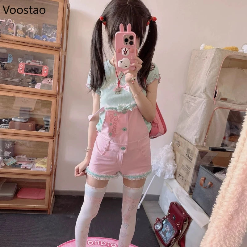 Japanese Kawaii Lolita Style Shorts T-Shirt Sets Women Sweet Cute Bow Cartoon Embroidery Tees Overalls Short Pants Y2k Outfits