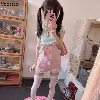 Japanese Kawaii Lolita Style Shorts T-Shirt Sets Women Sweet Cute Bow Cartoon Embroidery Tees Overalls Short Pants Y2k Outfits