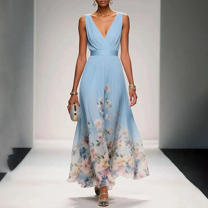 New Fashion Party Dresses Deep V Neck Floral Printing Ruffle Sleeveless A Line Beach Dress High Waisted Summer Sexy Womens Dress