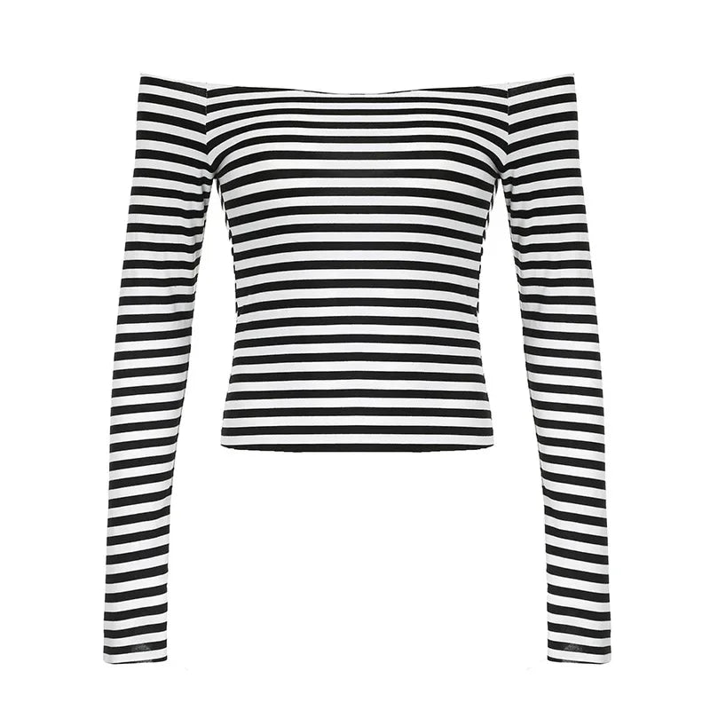 Autumn sexy off shoulder long sleeved black white contrasting color stripes slash neck T-shirt