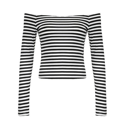 Autumn sexy off shoulder long sleeved black white contrasting color stripes slash neck T-shirt