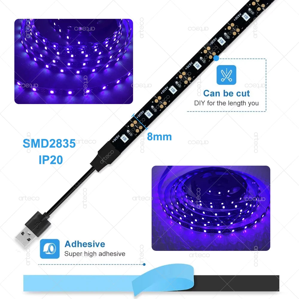 UV LED Black Light Strip USB LED Strip Tape 395-405nm Ultraviolet Light For Glow Party Bedroom UV Lamp Fluorescent Poster Body