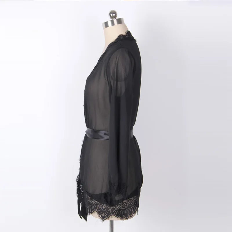 Women's Sheer Lace Kimono Robe, Long Sleeve V-Neck Belted Soft Bridal Wedding Lingerie Nightwear Multi-color