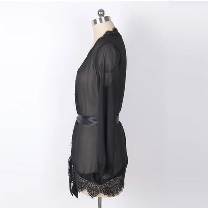 Women's Sheer Lace Kimono Robe, Long Sleeve V-Neck Belted Soft Bridal Wedding Lingerie Nightwear Multi-color