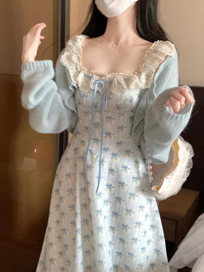 Fashion Elegant Warm Sling Lace Dress Women Vintage Sweet Slim Thin Print Summer Dresses Female Design Knit Solid Cardigan 2025