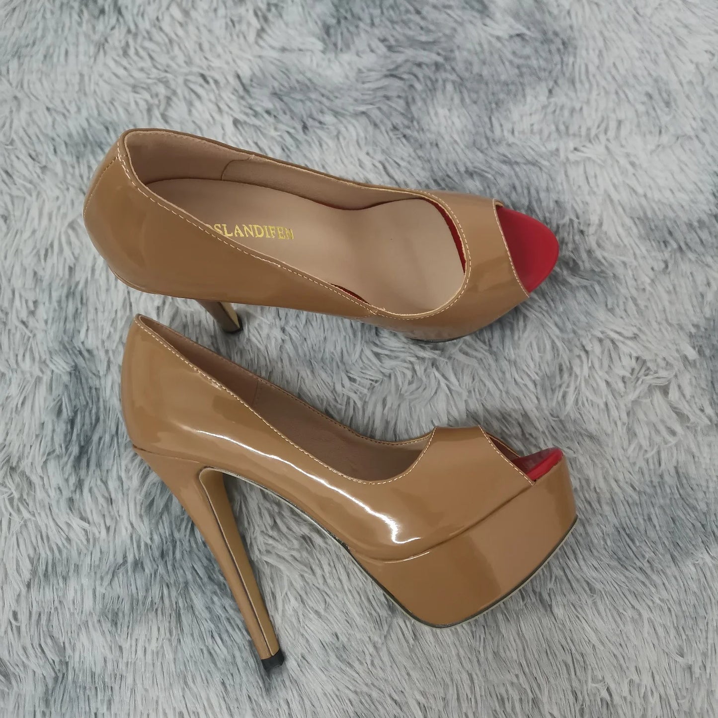 LOSLANDIFEN Sexy Peep Toe Platform Women Pumps 14cm Super High Patent Leather Heels Shoes Red Wedding Stilettos Large Size 43 44