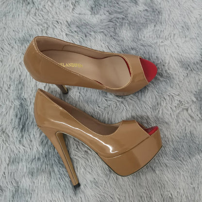 LOSLANDIFEN Sexy Peep Toe Platform Women Pumps 14cm Super High Patent Leather Heels Shoes Red Wedding Stilettos Large Size 43 44