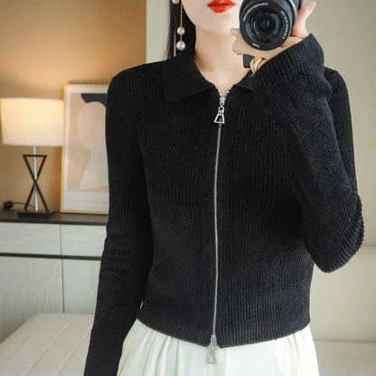 Women Autumn Winter Soft Wool Sweater Polo Collar Thicken Knitted Double Zipper Cardigan Basis Short Top Cashmere Female Coat