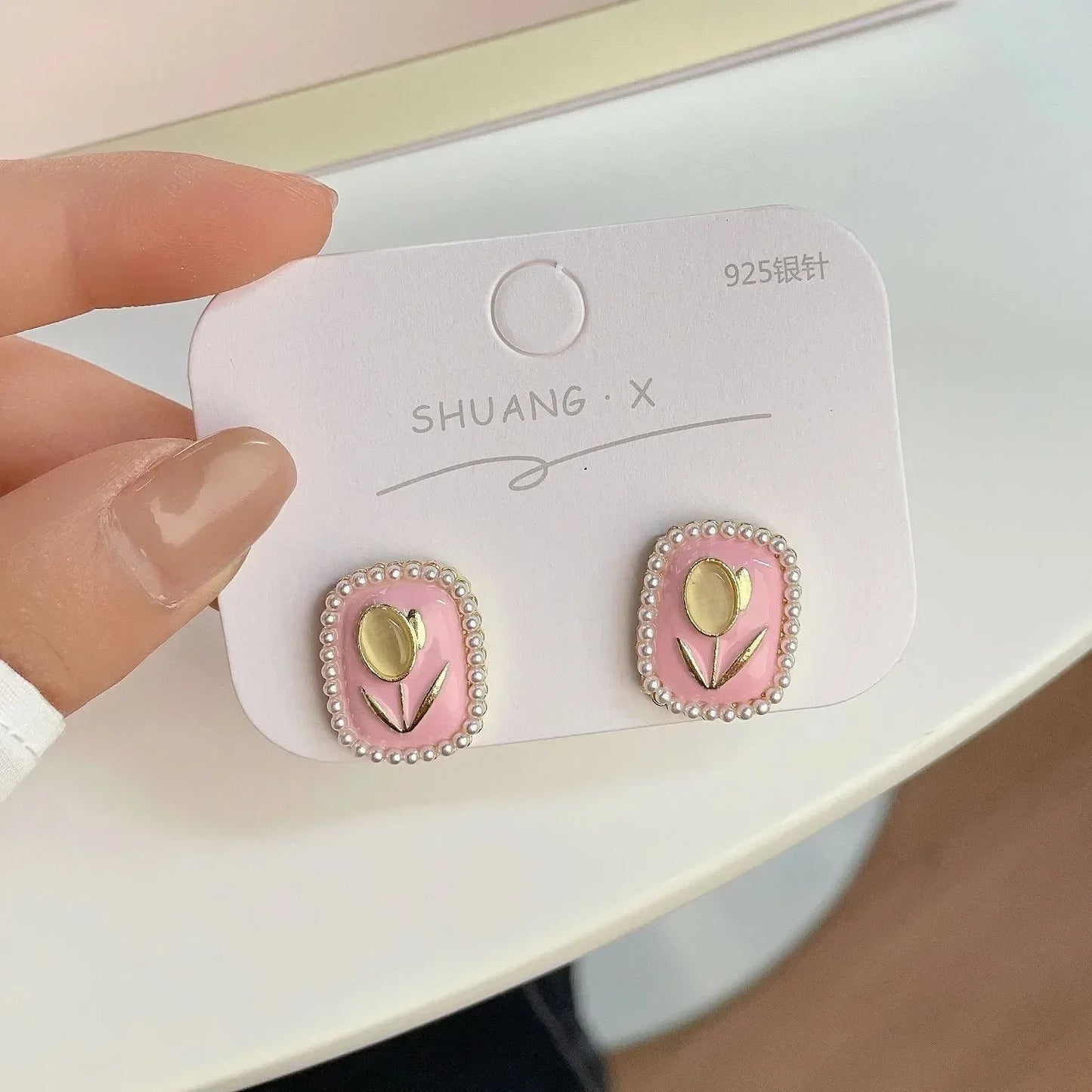 Opal Tulip Flower Pink Color Square Imitation Pearl Stud Earring for Women Korean Sweet Geometric Jewelry Christmas Girl Gift