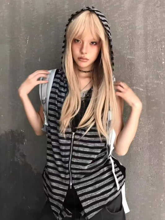 Hot Girl Gothic Vintage Slim Fake Two Piece Tops Women Subculture High Street Striped Sleeveless Hooded T-shirts New Y2k Outfits