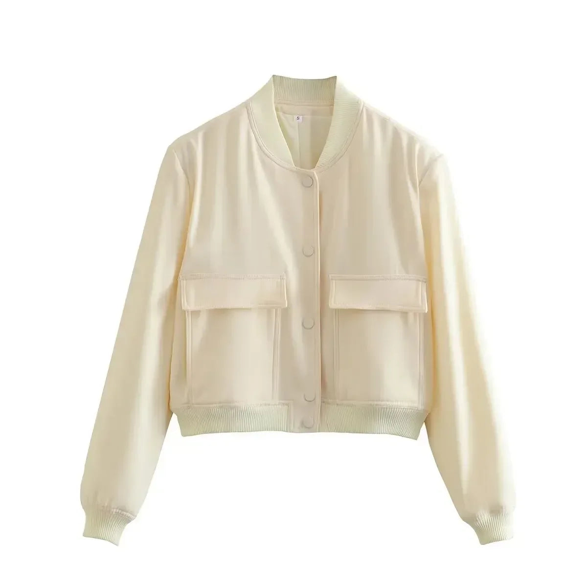 EDSA Woman Bomber Jacket White Autumn Winter Button Cropped Jackets for Women Fashion Long Sleeve Crop Outerwear