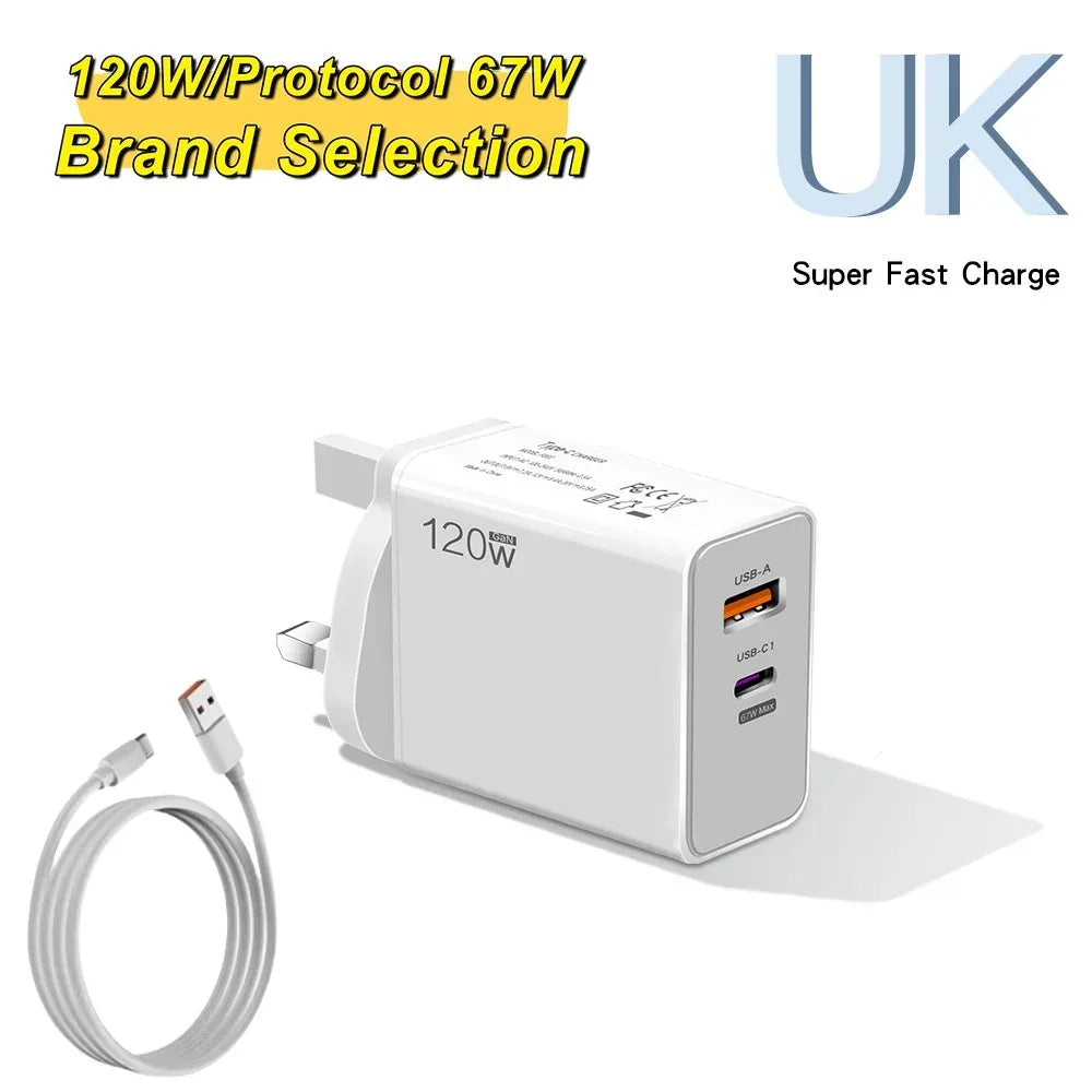 120W Type C USB Phone Charger Fast Charging Data Cable Mobile Phone Power Adapter For iPhone Xiaomi Huawei Samsung Wall Charger