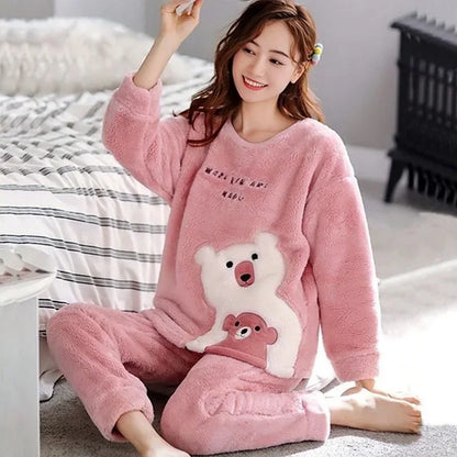 Women Pajamas Autumn Winter Flannel Warm Woman Sleepwear Korean cute Cartoon Pajama Set Fashion Pijama Mujer Home Cloth Pyjamas