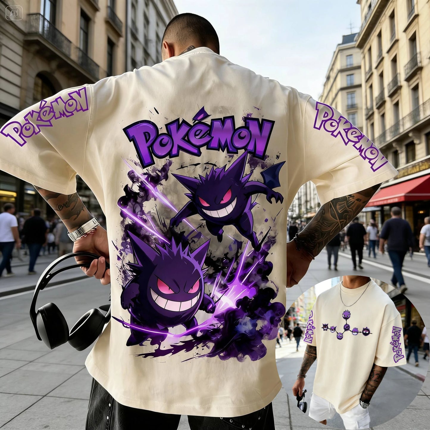 Men's T Shirt Sports T Shirt Short Sleeve T Shirt Purple Gengar Back Print Red Eyes Sharp Teeth with Smoke Sleeve Patterns