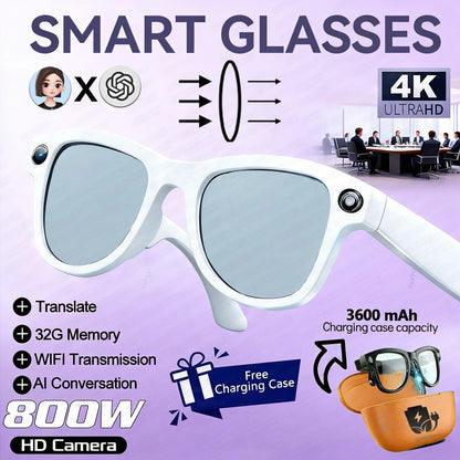 Lunettes connectées 2026 pour femmes, batterie externe 3600 mAh, caméra 800 W, traduction de plus de 120 langues, enregistrement vidéo, lecteur de musique, lunettes pour hommes