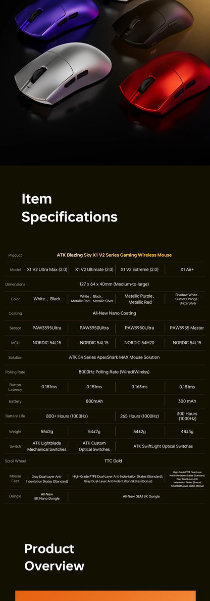 ATK Blazing Sky X1V2/X1 Air+ Wireless Mouse Dual Mode Paw 3950ultra 8k Return Rate Custom Ergonomics E-Sport Gaming Ofiice Mouse