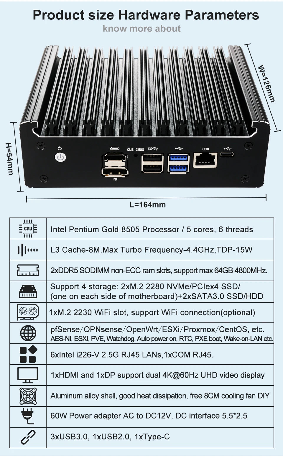 Intel Pentium Gold 8505 Soft Router 6 Lans I226-V 2.5G Fanless Mini PC COM HD DP USB Type-C DDR5 SATA PfSense Firewall Appliance
