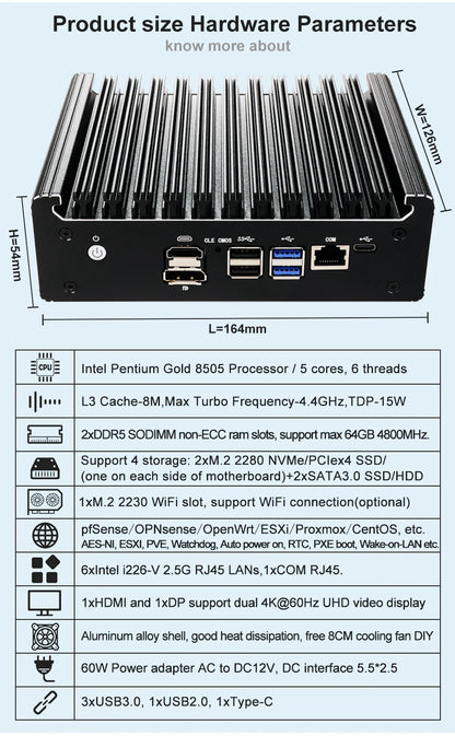 Intel Pentium Gold 8505 Soft Router 6 Lans I226-V 2.5G Fanless Mini PC COM HD DP USB Type-C DDR5 SATA PfSense Firewall Appliance