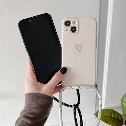 Crossbody Lanyard Silicone Phone Case For iPhone 15 14 11 12 13 Pro Max Mini 8 7 6 Plus 10 X Xr Xs Max SE 2020 Love Heart Cover
