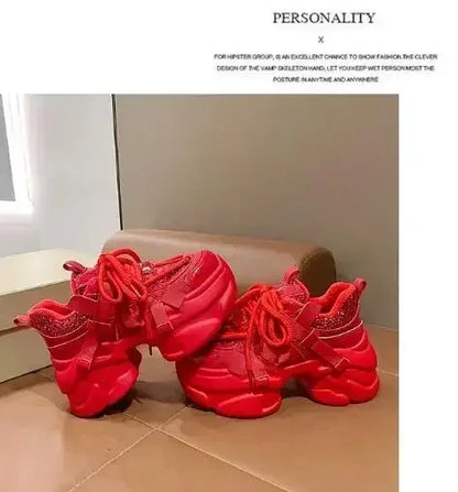 8CM Women Bling Red Chunky Sneakers Winter High Platform Warm Fur Shoes Ladies Wedges Casual Dad Shoes Leather Sports Sneakers