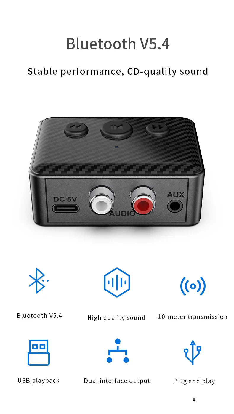 Bluetooth 5.4 Audio Receiver 3.5mm AUX RCA USB U-Disk Stereo Music Wireless Audio Adapter For PC TV Car Kit Speaker Amplifier