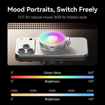 TELESIN Magnetic 360° Rotation RGB Fill Light Mini Selfie Light 3 Mode Adjustable Color Brightness for Smartphone Iphone Android
