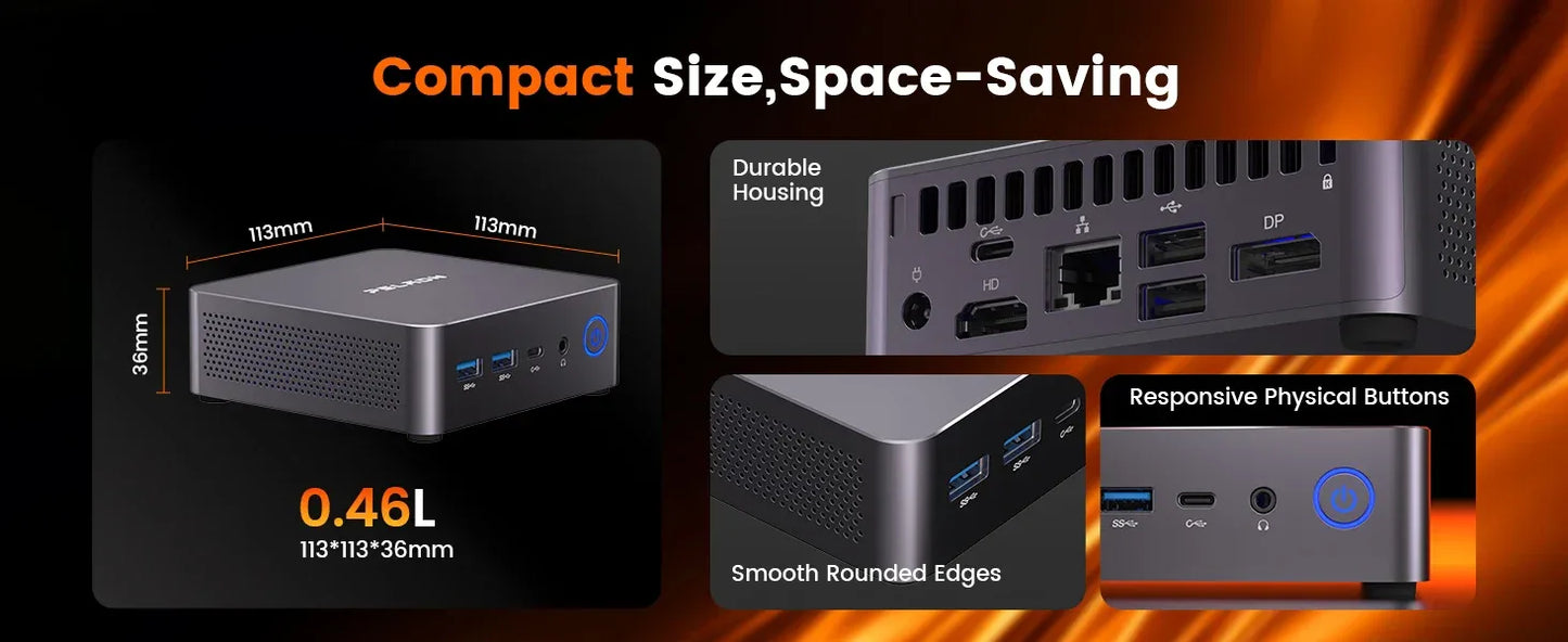 PELADN WO7 Mini PC AMD Ryzen 7 7735U (8C/16T, up to 4.75Ghz) 32GB DDR5+1TB SSD WiFi6 BT5.2 Quadruple-Display Mini Computer