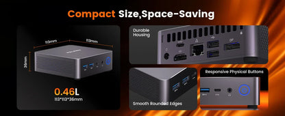 PELADN WO7 Mini PC AMD Ryzen 7 7735U (8C/16T, up to 4.75Ghz) 32GB DDR5+1TB SSD WiFi6 BT5.2 Quadruple-Display Mini Computer
