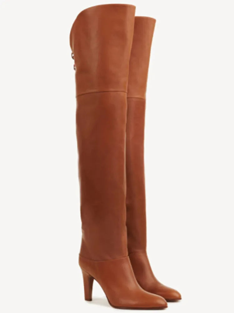 Autumn and Winter Women's Thick High-heeled Knee High Boots, Round Headed Cowhide Suede Fashionable Women's Plus Size Boots