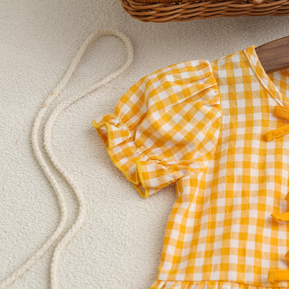 Summer Newborn Girl Yellow Plaid Bow Tie Outfit Baby Clothing Set Infant Girl's Summer Fashion Look