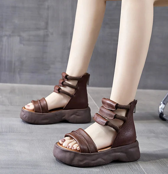 Koznoy 8cm Natural Genuine Leather Sandals Boots Flats Platform Wedge Summer Women Hollow Pumps Peep Toe Booties Mary Jane Shoes