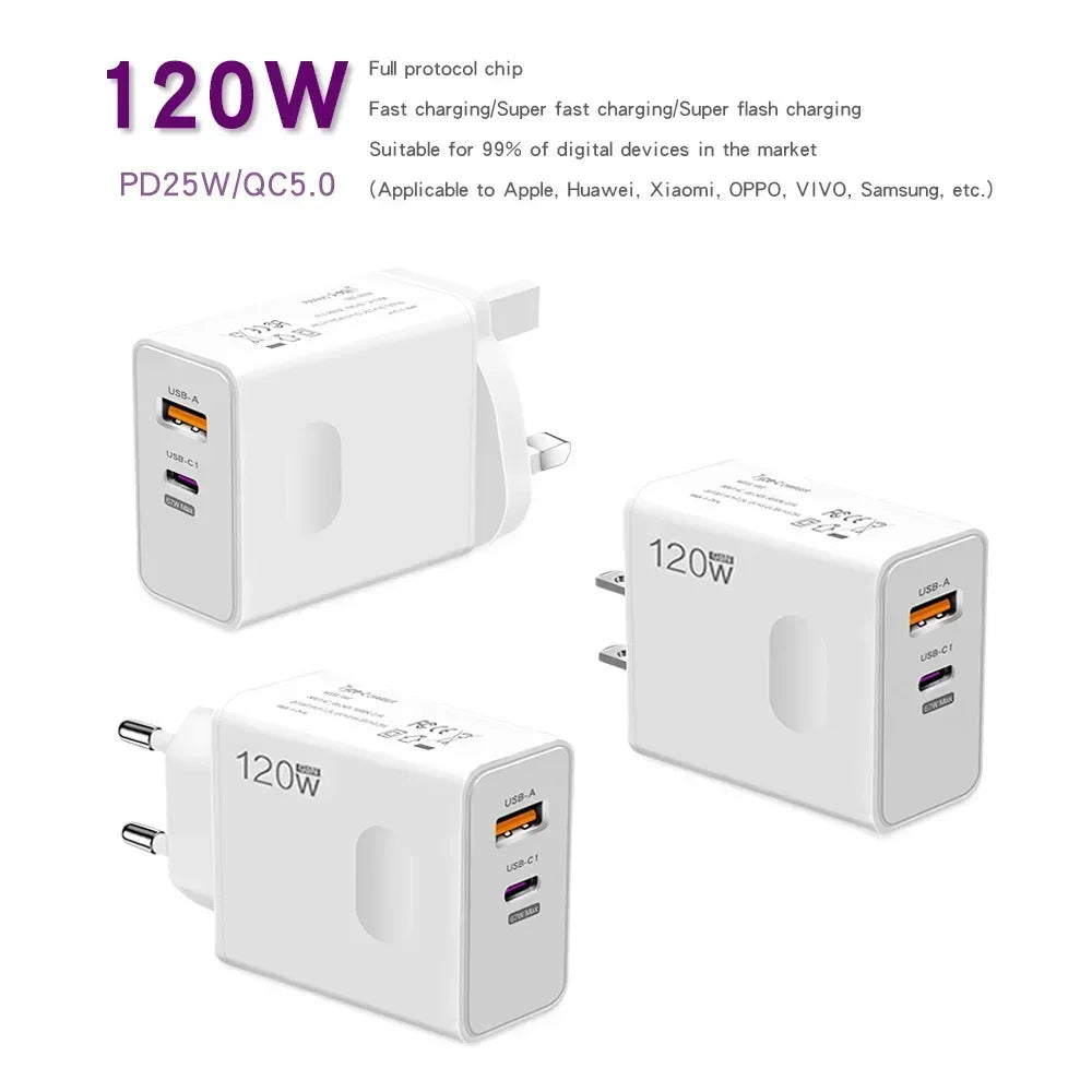 120W Fast Charger USB Type C PD Cable Fast Charging Quick Charge Adapter For iPhone 17 16 15 Pro Xiaomi Samsung Oneplus Huawei
