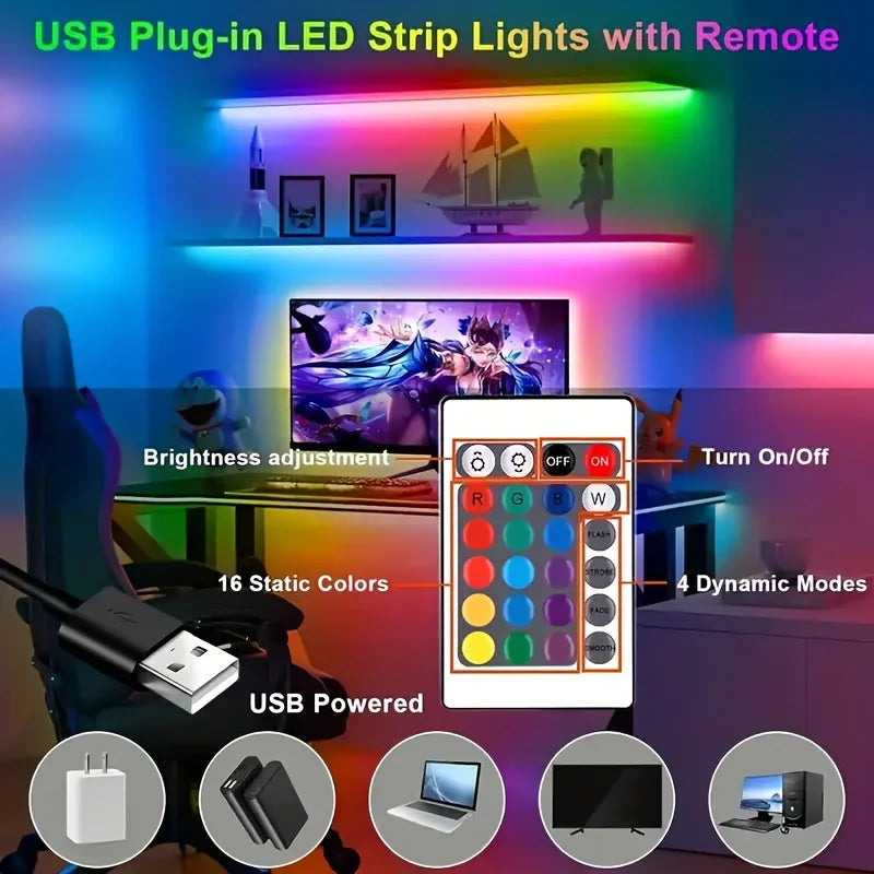 LED USB Strip Light Color Changing 5050 RGB LED Flexible Lights with 24 Keys for Children Gaming Room Home Party TV Backlight