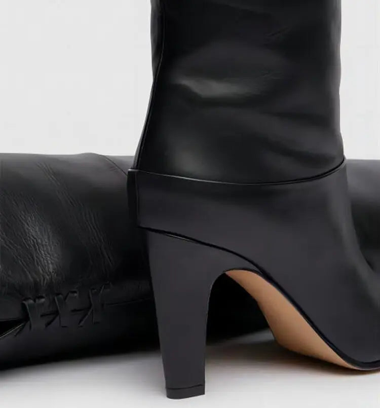 Autumn and Winter Women's Thick High-heeled Knee High Boots, Round Headed Cowhide Suede Fashionable Women's Plus Size Boots