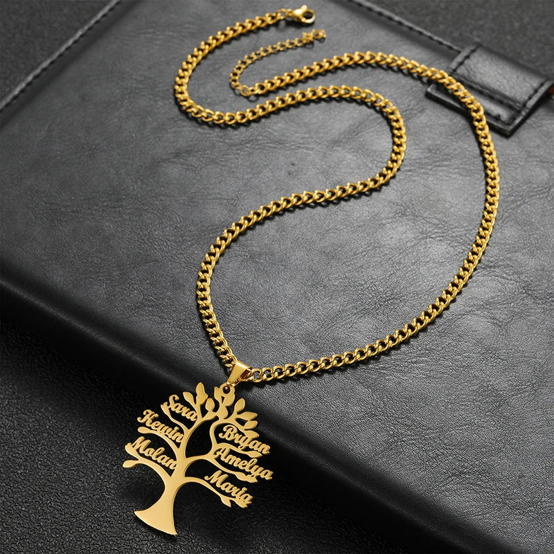 Custom Tree of Life Necklace for Women Men Stainless Steel Family1-6 Names Pendant with 3mm chain Parents Friends Jewellery Gift
