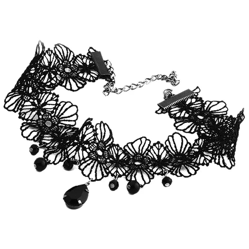 Gothic Victorian Black Lace Necklace Women Girl Boho Crystal Tassel Sexy Lace Choker Steampunk Dark Loli Style Halloween Jewelry