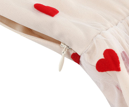 Knot Strap Strawberry Patchwork Vintage Dress 2025 Heart Flocking Valentine's Day Dress Women Birthday Party Pleated Mesh Dress
