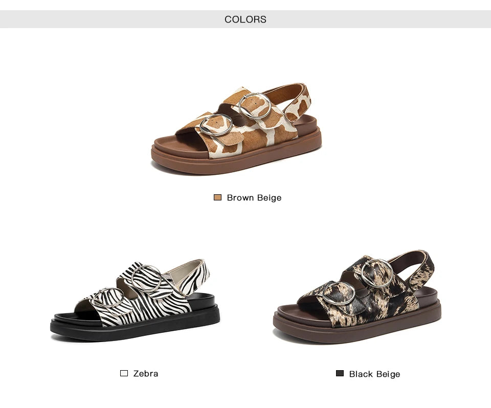 BEAUTODAY Casual Sandals Women Horseskin Animal Prints Double Buckles Straps Thick Sole Outdoor ladies Shoes Handmade 34616