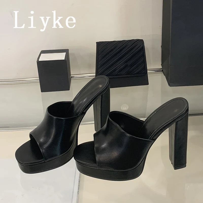 Liyke Sexy Thick High Heels Platform Slippers Black White Cozy PU Leather Open Toe 12CM Women Shoes Sandals Pumps Zapatos Mujer