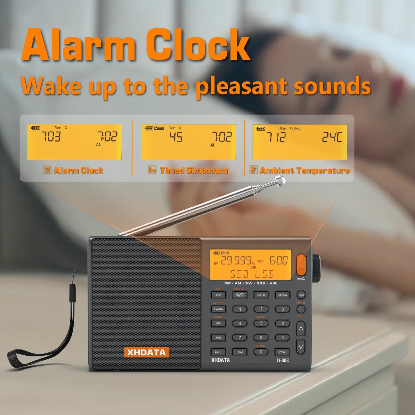 XHDATA D-808 AM/FM/SW/MW SSB AIR RDS Full Band Portable Radio with Multifunction Deep Sound Stereo Rechargeable Radio Receiver
