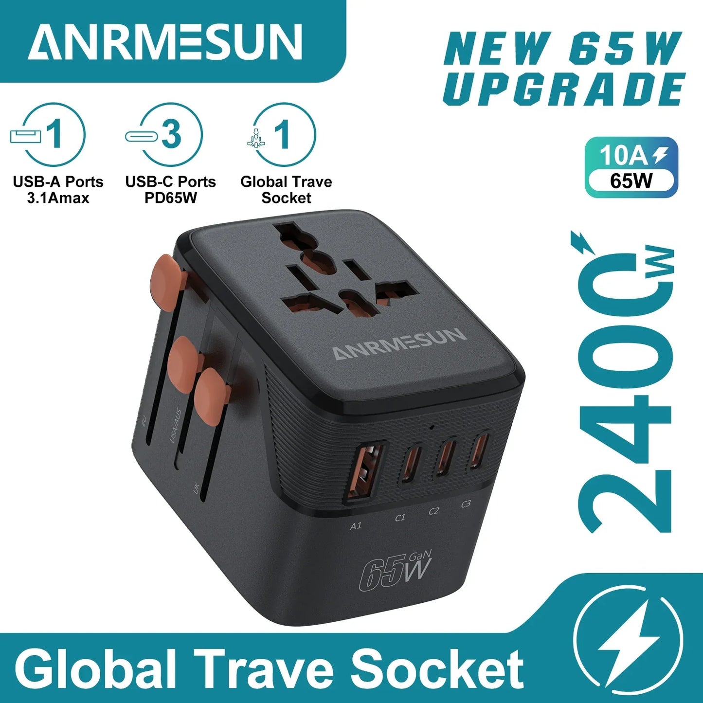 65W/45W/25W GaN Universal Travel Adapter with 2 USB 2 Type C Fast Charging All-in-one Travel Charger EU/UK/USA/AUS for Travel