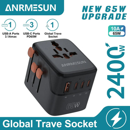 65W/45W/25W GaN Universal Travel Adapter with 2 USB 2 Type C Fast Charging All-in-one Travel Charger EU/UK/USA/AUS for Travel